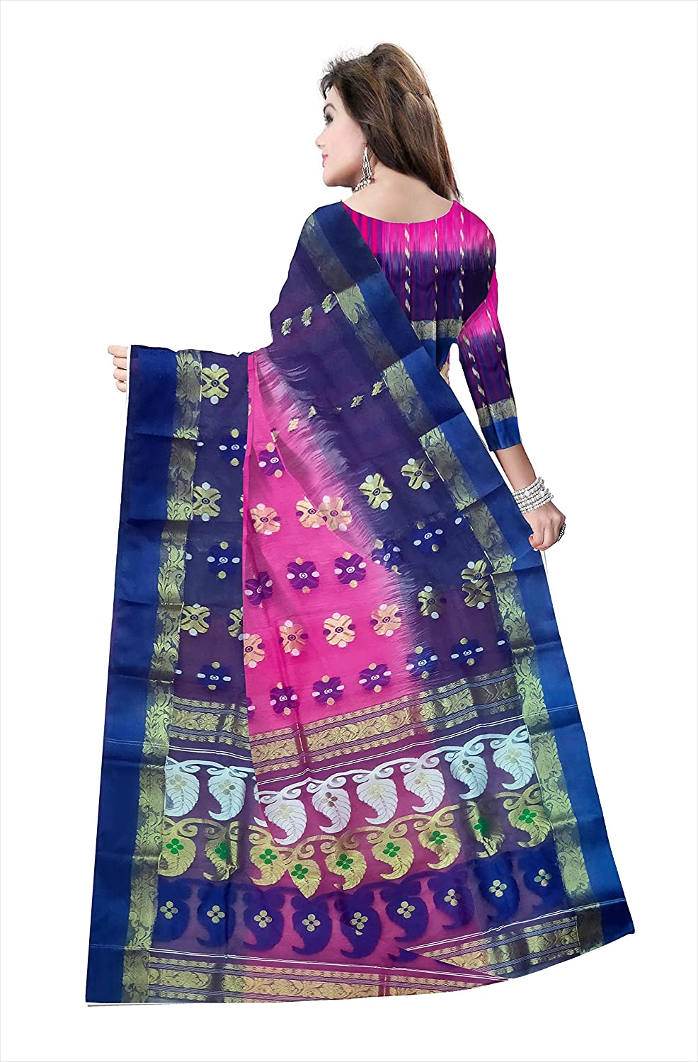 Pradip Fabrics Ethnic Women's Tant Silk Blue and Pink Color Saree