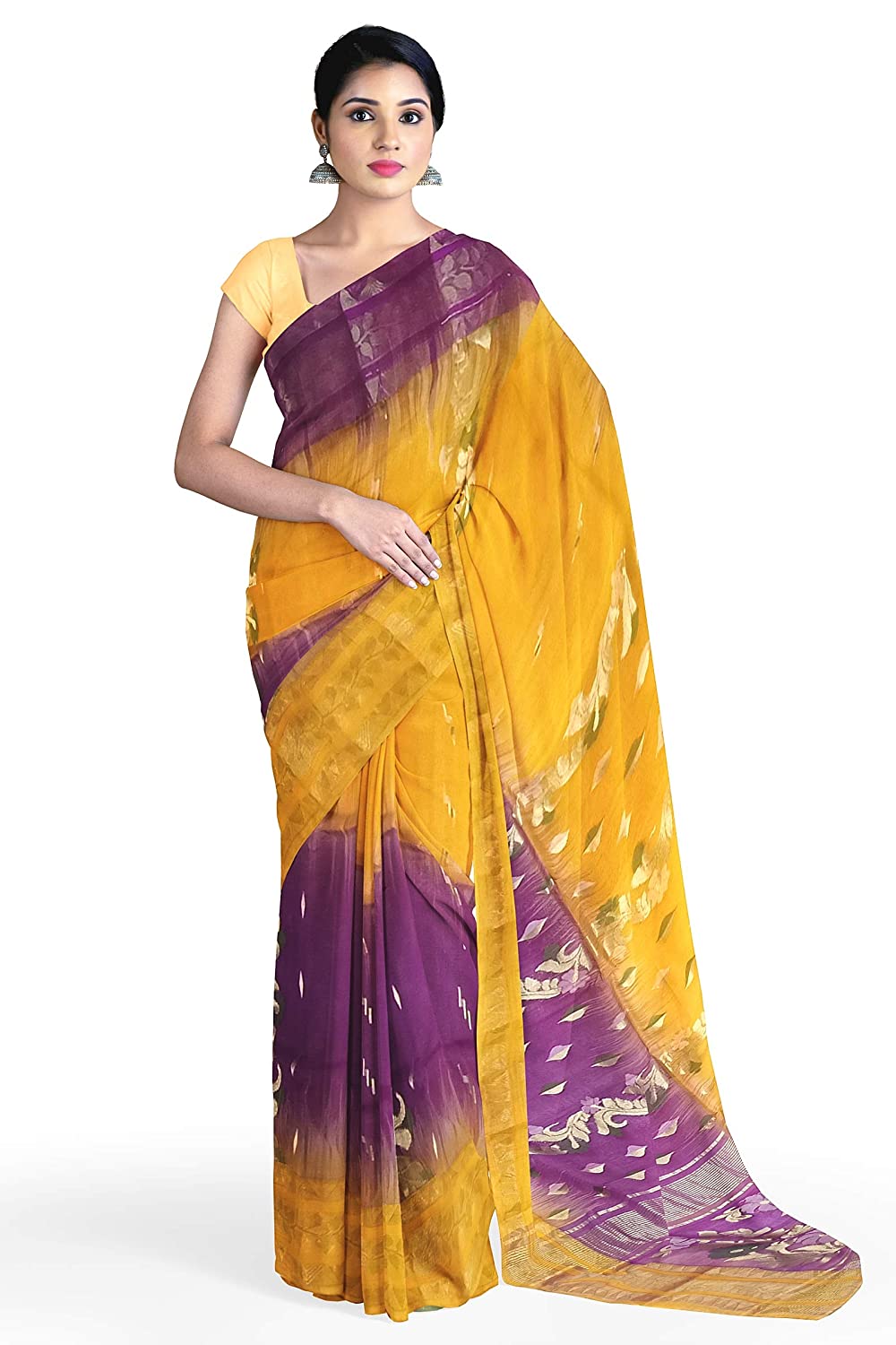 Pradip Fabrics Yellow and Purple Color Tant Silk Blend Saree