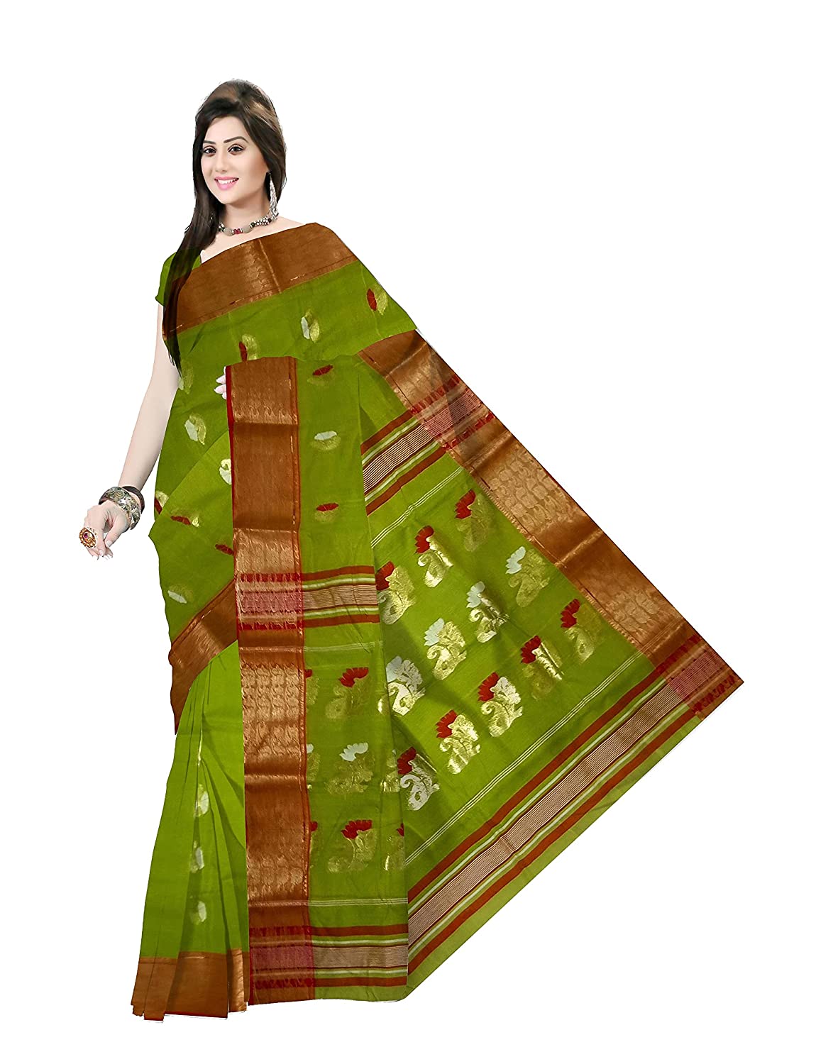 Pradip Fabrics Woven Tant Silk Green color Blend Saree