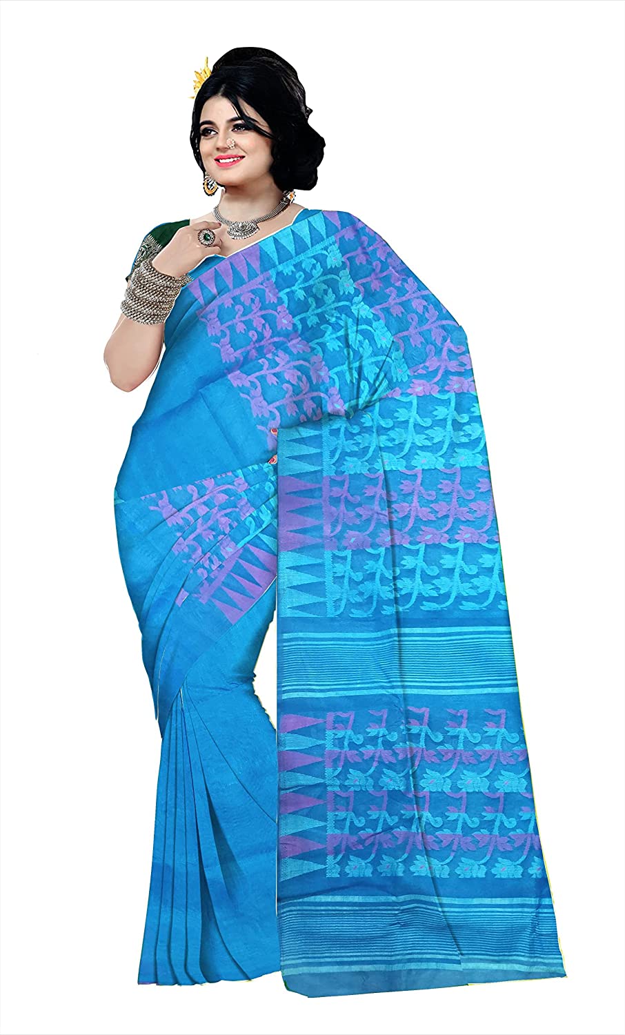 Pradip Fabrics Ethnic Women's Tant jamdani Sky Blue Color Floral Design Saree