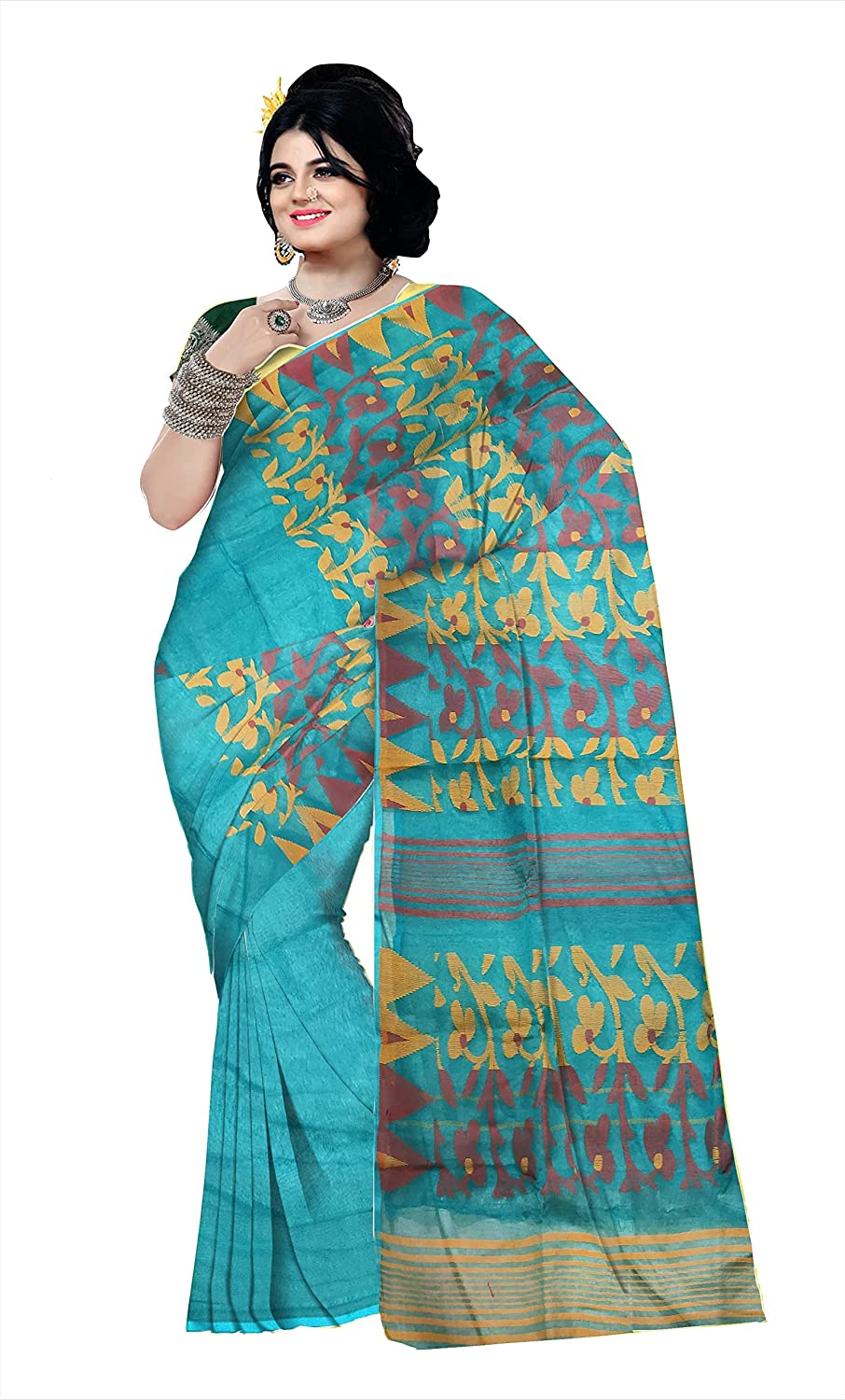 Pradip Fabrics Ethnic Women's Tant jamdani Aqua Green Color Saree