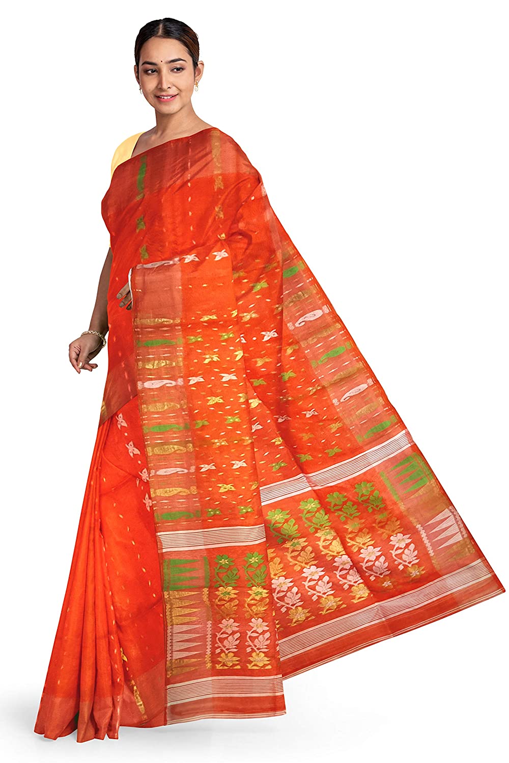 Pradip Fabrics Ethnic Women's Tant Jamdani Dark Orange Color Saree