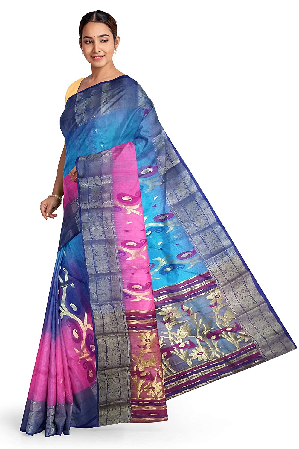 Pradip Fabrics Woven Pink and Blue Tant Silk Blend Saree