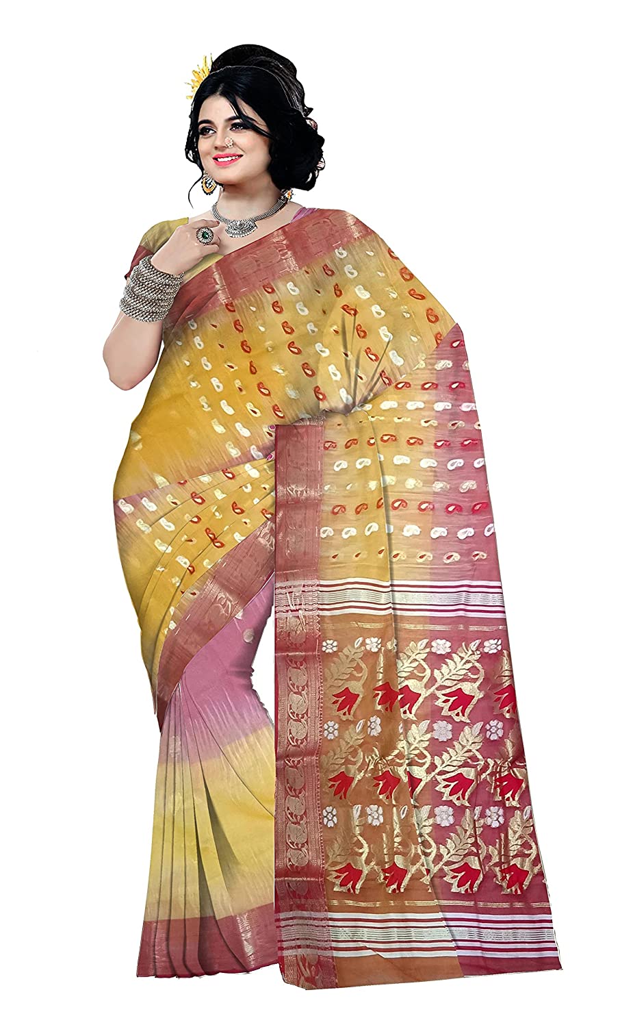Pradip Fabrics Woven Tant Silk Yellow and Purple color Blend Saree