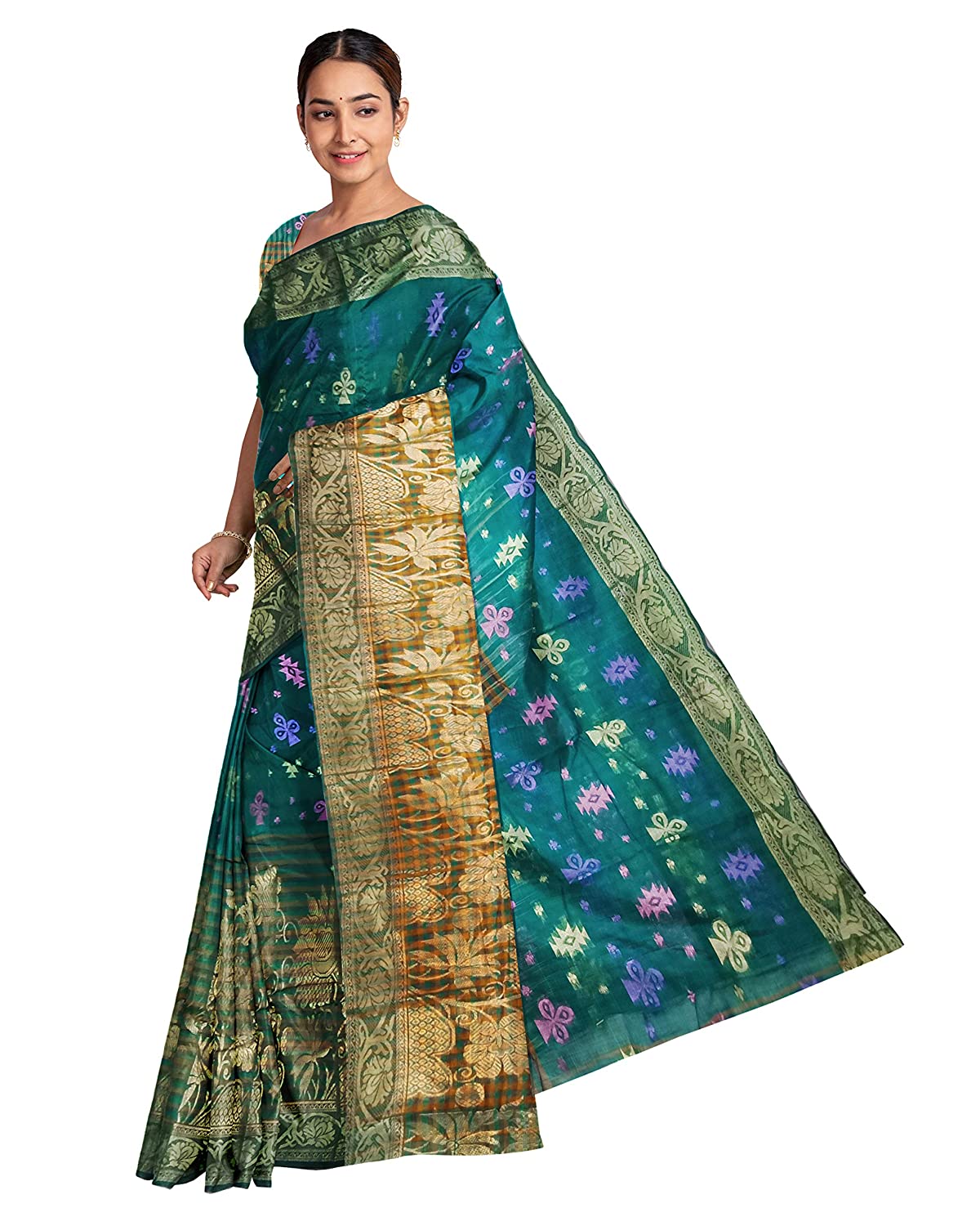 Pradip Fabrics Ethnic Women's and Girl's Teal and Gold color Baluchri saree