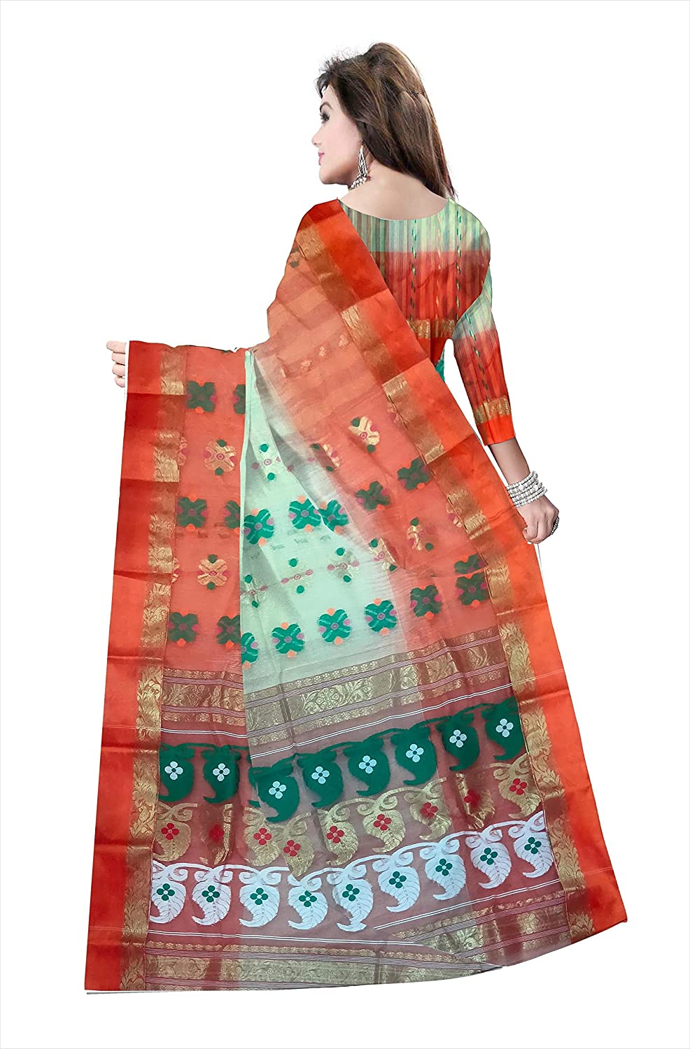 Pradip Fabrics Ethnic Women's Tant Silk Orange and White Color Saree