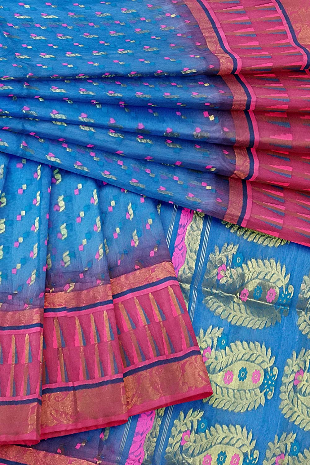 Pradip Fabrics Woven Tant Benarasi Blue and Pink Saree