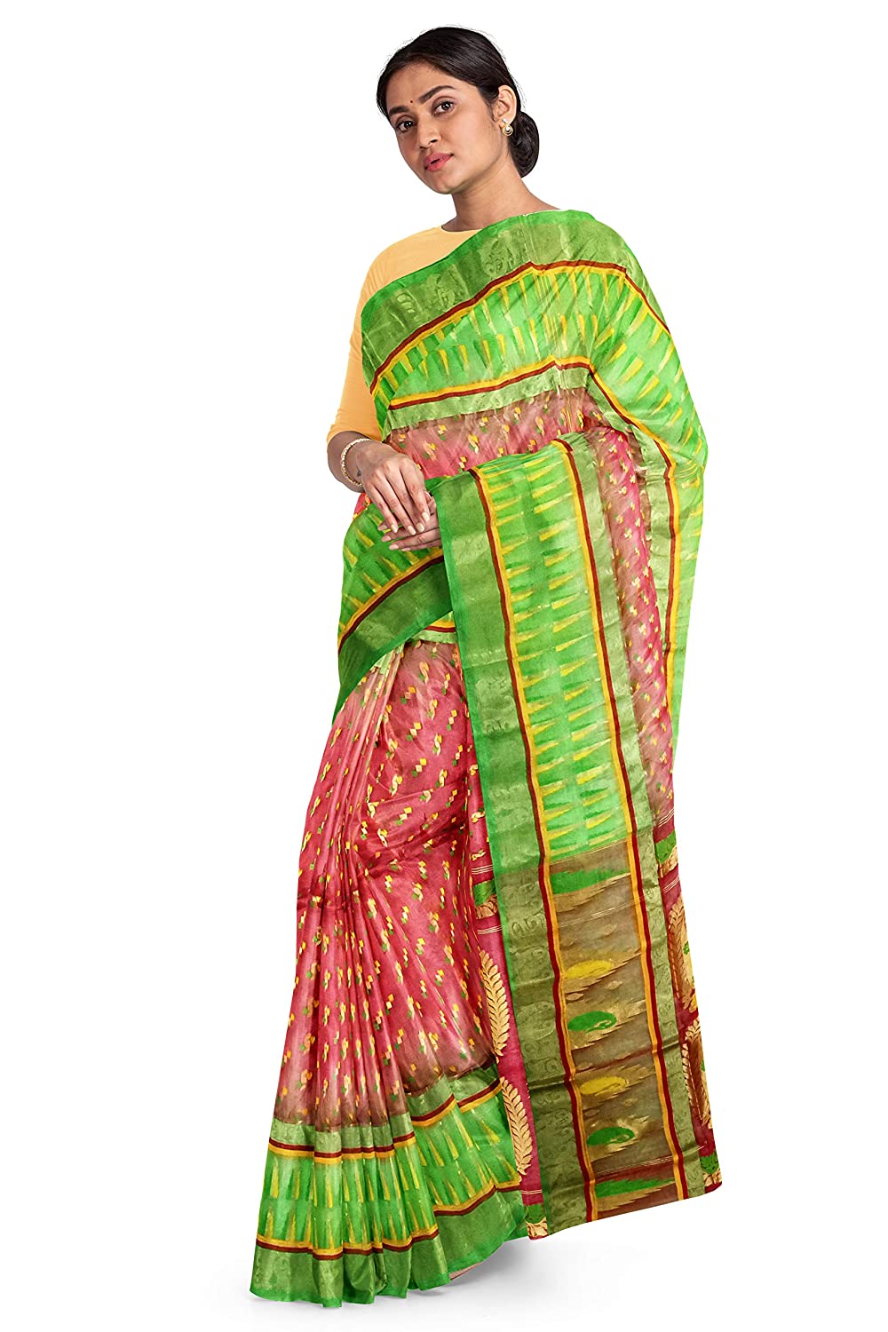 Pradip Fabrics Ethnic Women's All over Tant Jamdani Pink and Green Color Saree