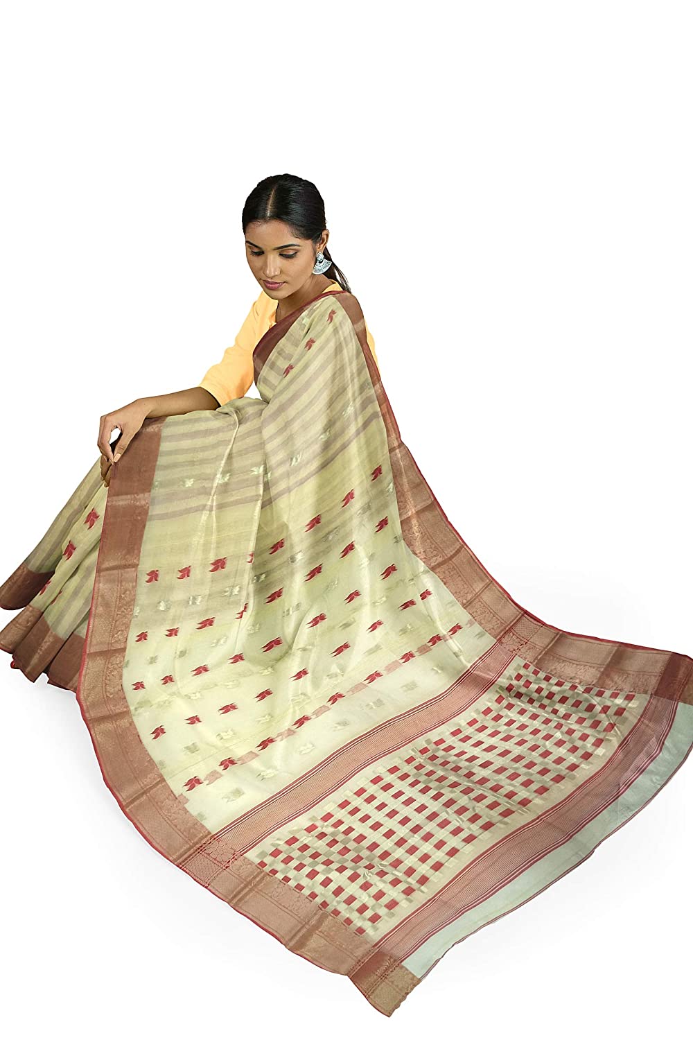 Pradip Fabrics Ethnic Women's Tant Silk White Color Saree