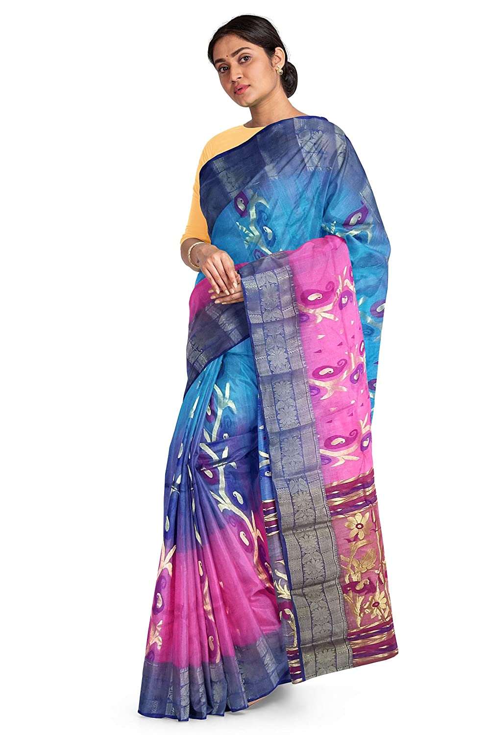 Pradip Fabrics Woven Pink and Blue Tant Silk Blend Saree