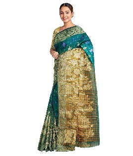 Pradip Fabrics Ethnic Women's and Girl's Teal and Gold color Baluchri saree