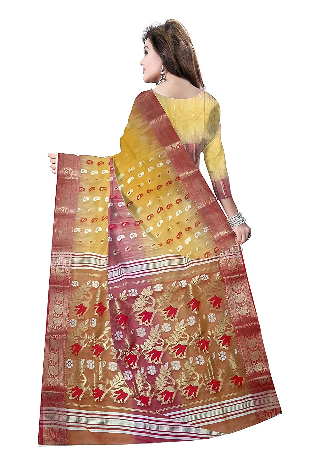 Pradip Fabrics Woven Tant Silk Yellow and Purple color Blend Saree