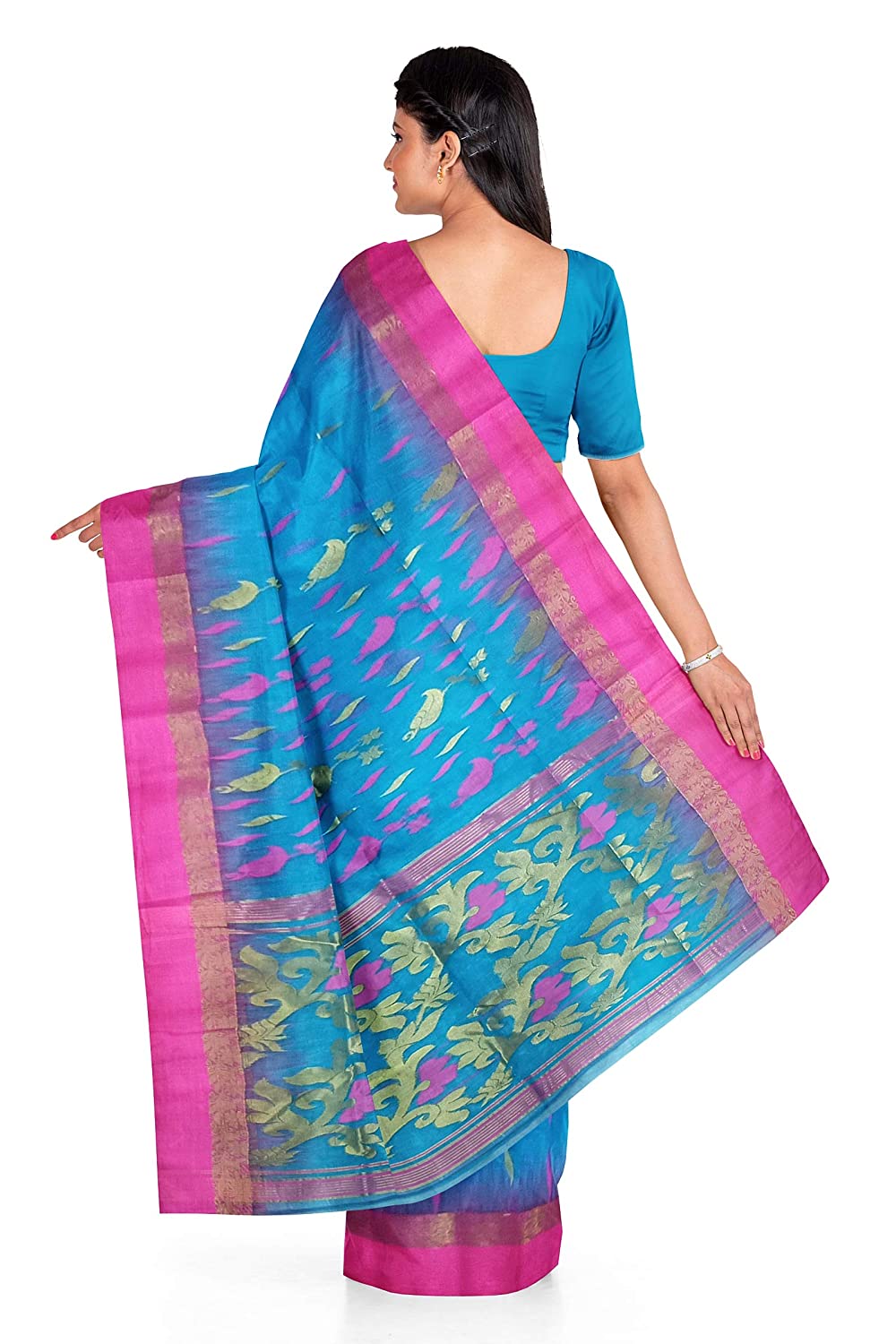 Pradip Fabrics Woven Tant Silk Blend Light Blue and Pink Baluchari Saree