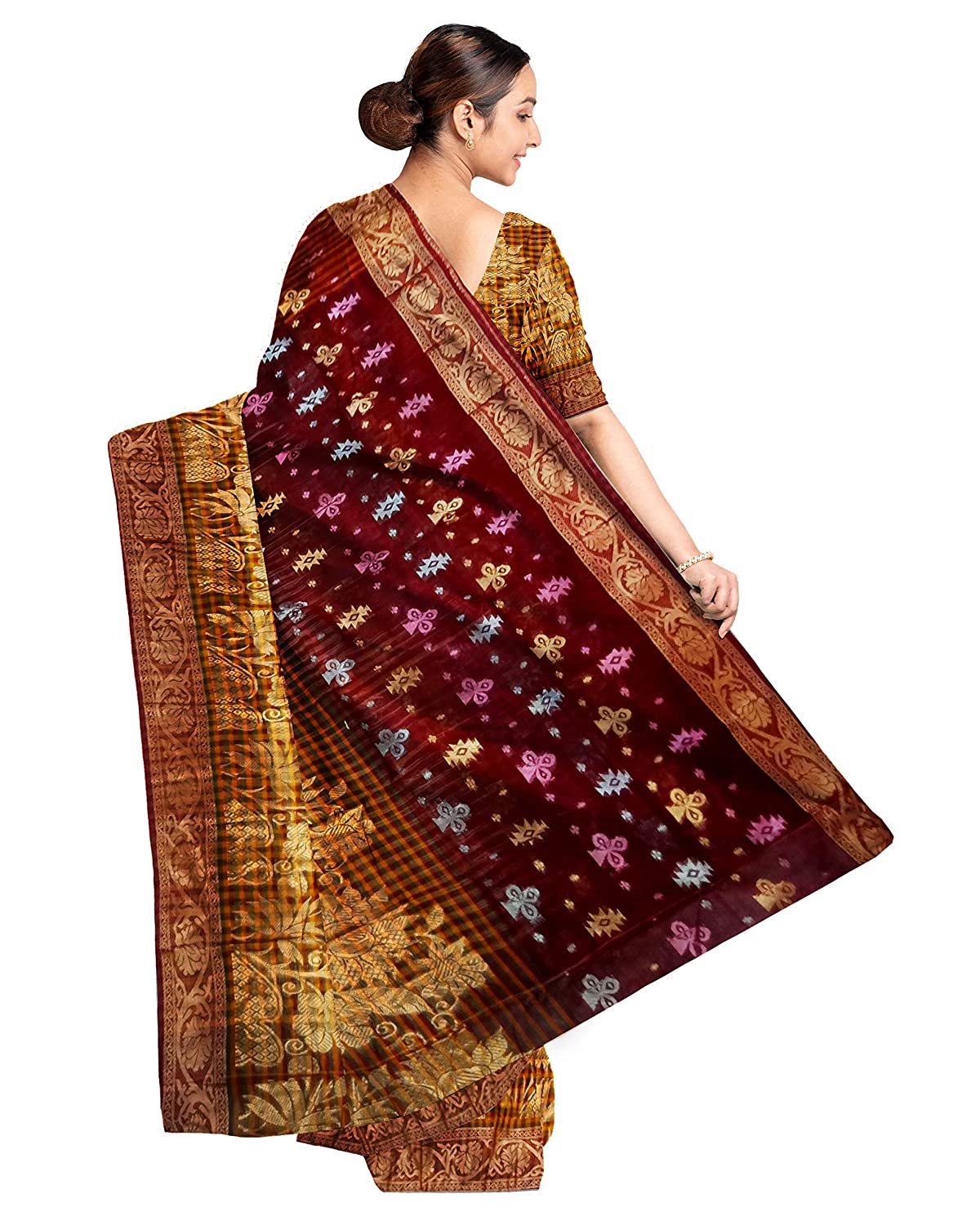 Pradip Fabrics Ethnic Women's and Girl's Maroon and Gold Baluchari saree