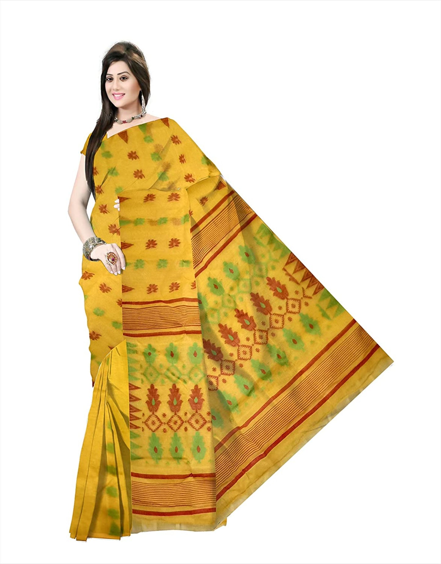 Pradip Fabrics Ethnic Women's Tant jamdani Mustard Color Buti Work Saree