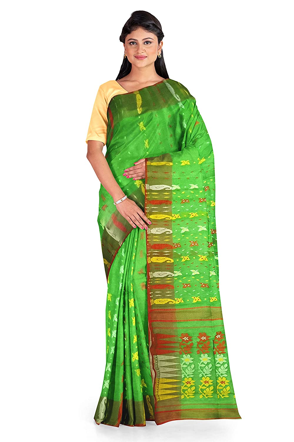 Pradip Fabrics Ethnic Women's Tant Jamdani Green Color Saree