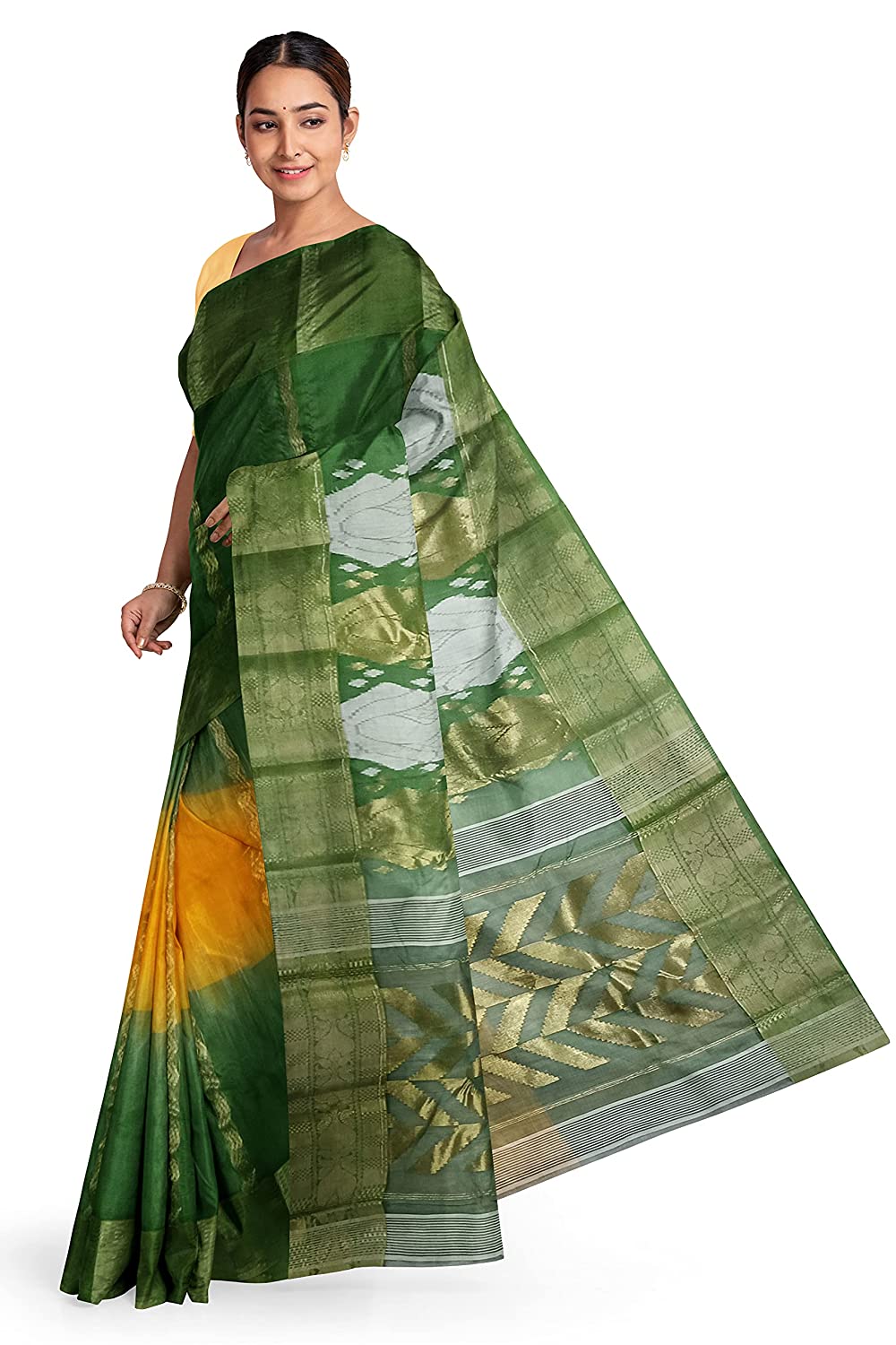 Pradip Fabrics Yellow and Green Tant Silk Blend Saree