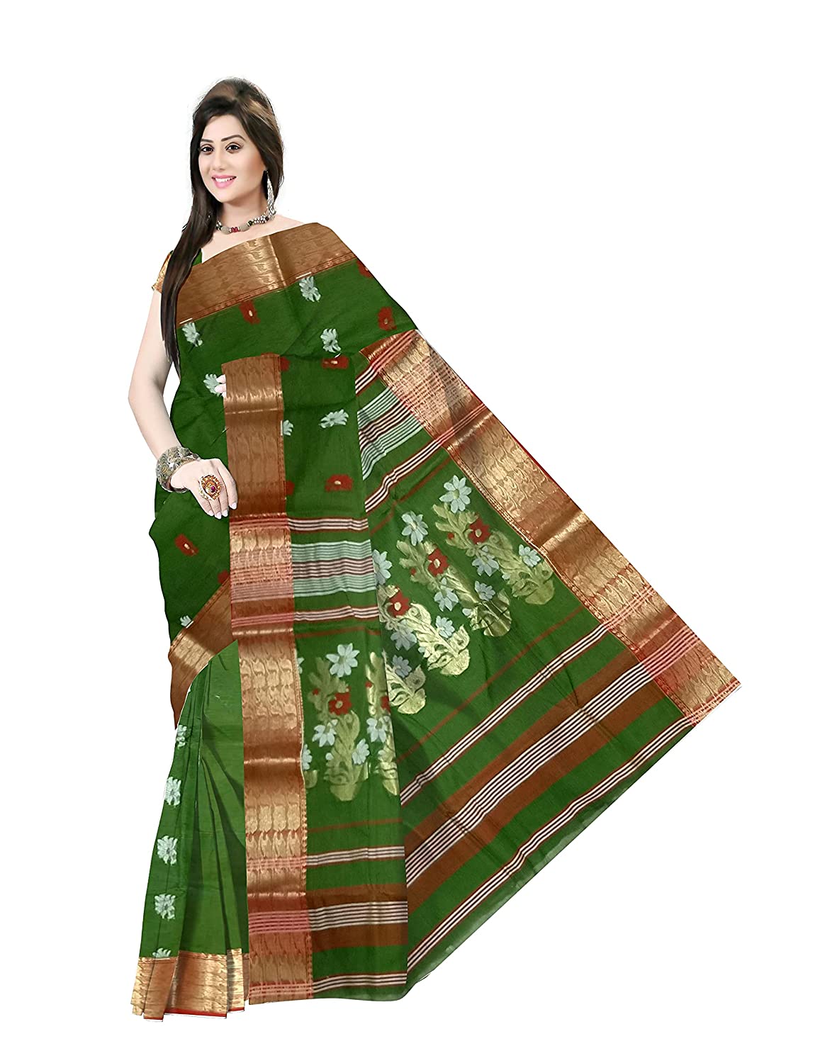 Pradip Fabrics Ethnic Women's Tant Cotton Dark Green Color Saree