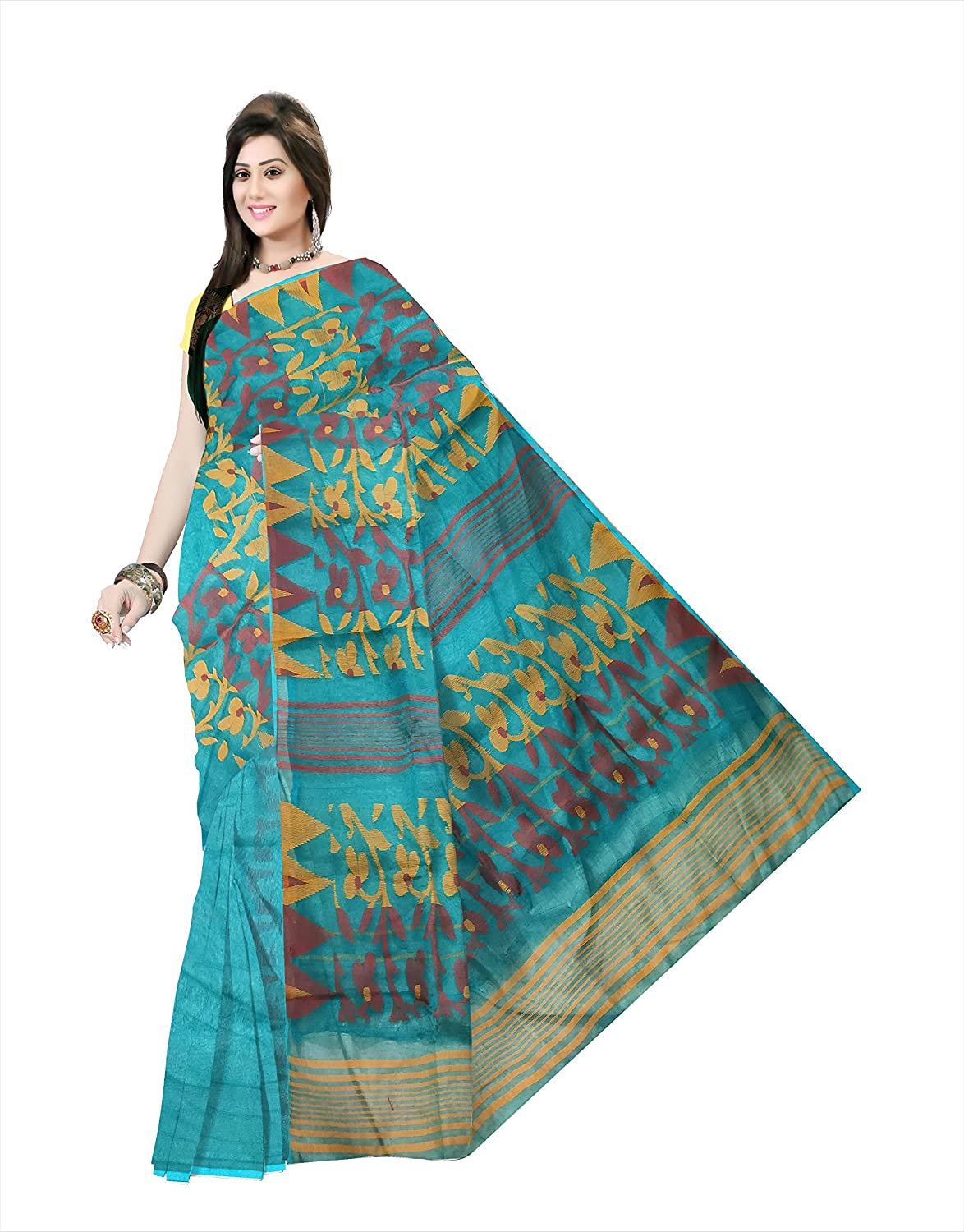 Pradip Fabrics Ethnic Women's Tant jamdani Aqua Green Color Saree
