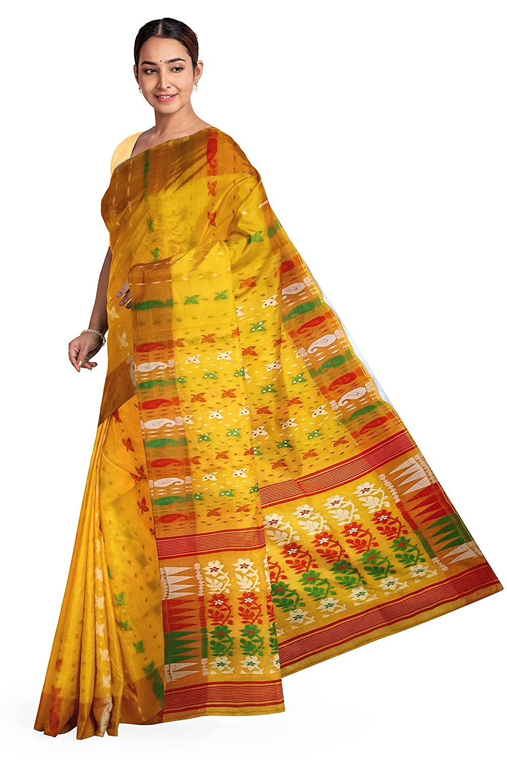 Pradip Fabrics Ethnic Women's Tant Jamdani Yellow Color Saree