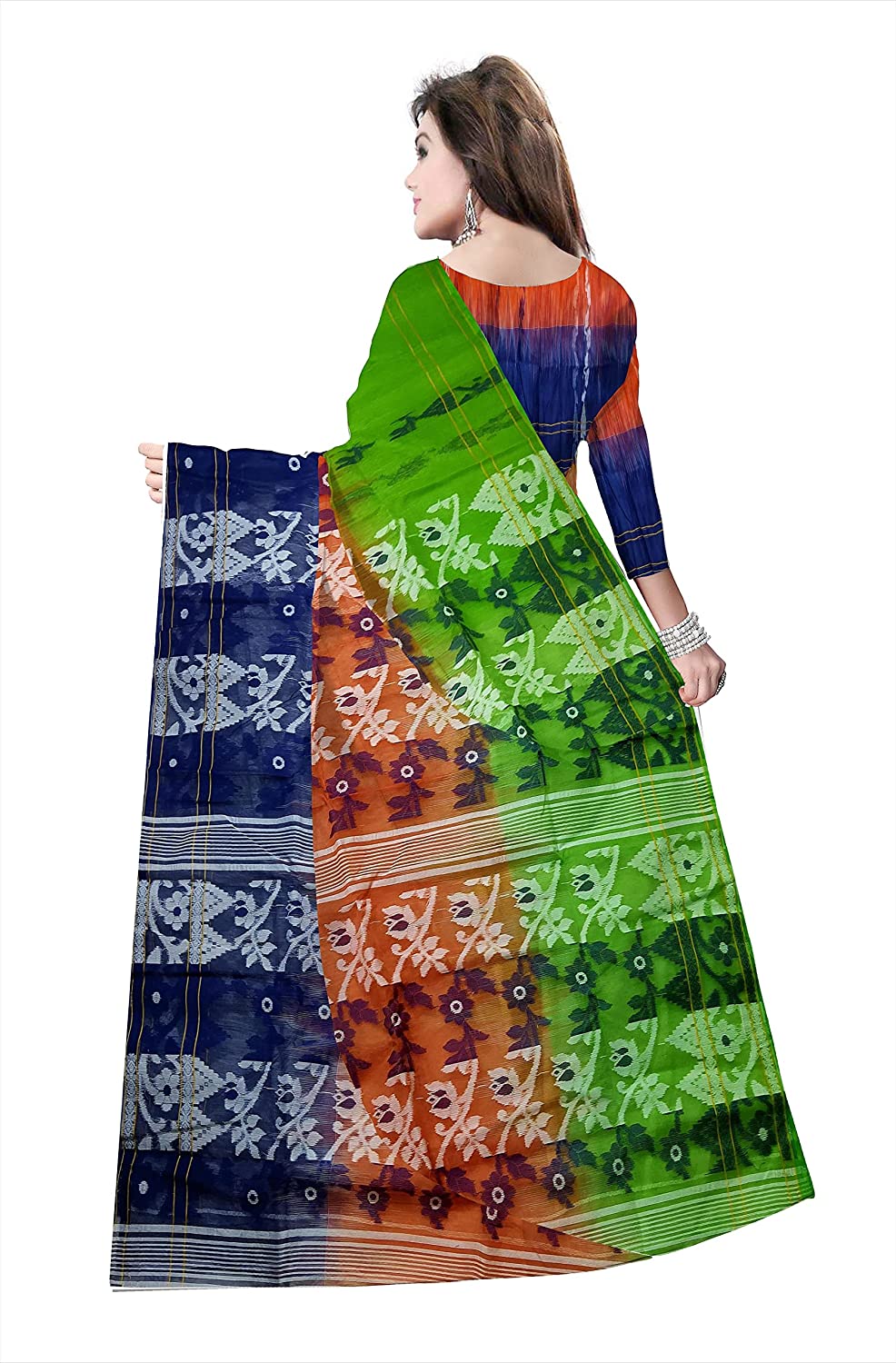Pradip Fabrics Ethnic Women's Cotton Tant Gap Jamdani Green,Orange,and Blue Color Sareeen,Orange,an