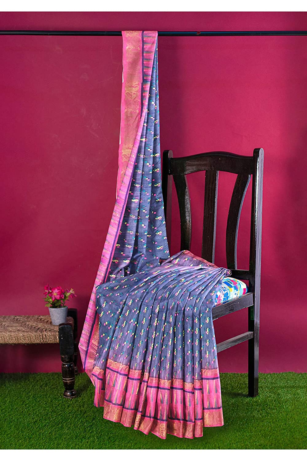 Pradip Fabrics Ethnic Women's All over Tant Jamdani Blue and Pink Color Saree
