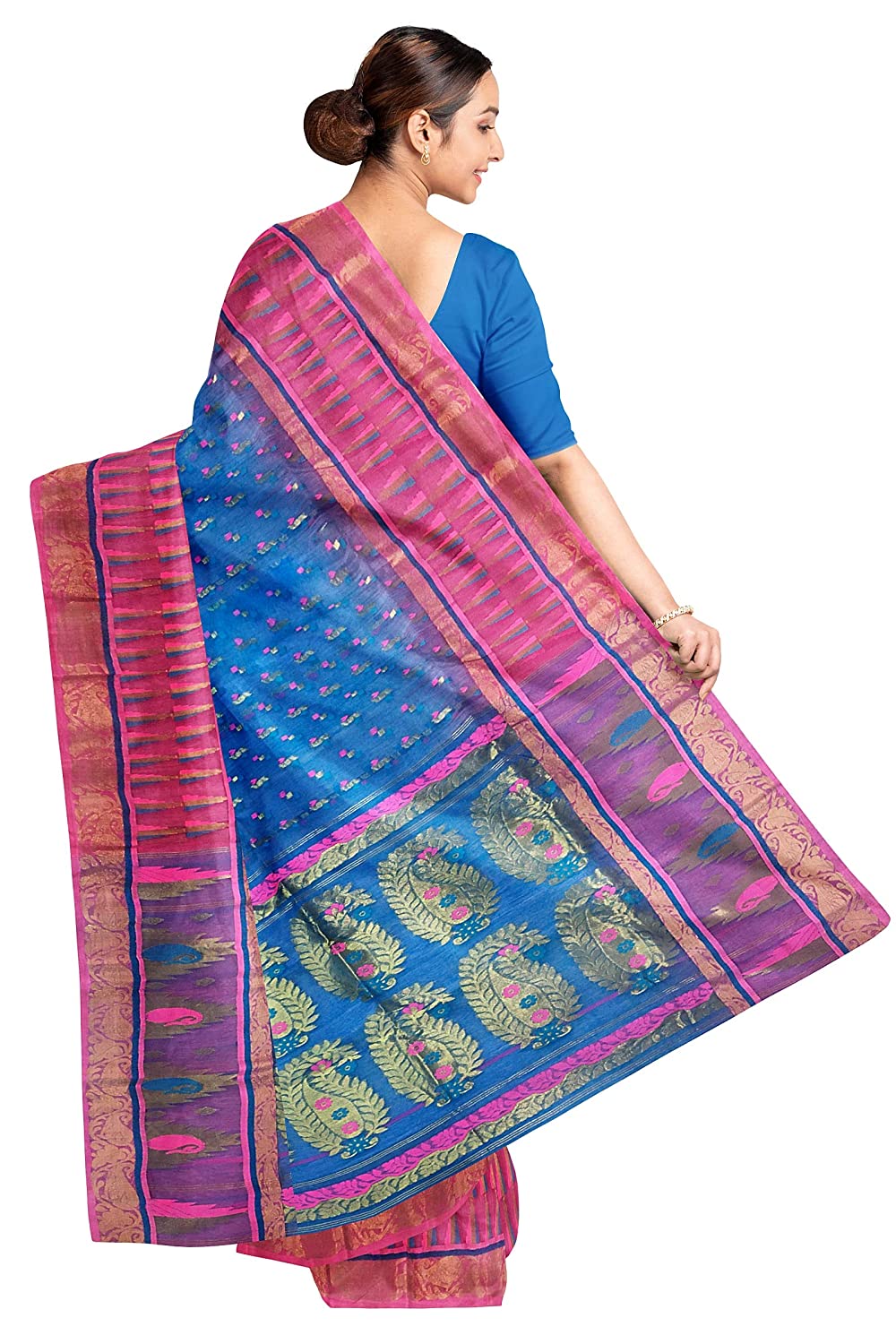 Pradip Fabrics Woven Tant Benarasi Blue and Pink Saree