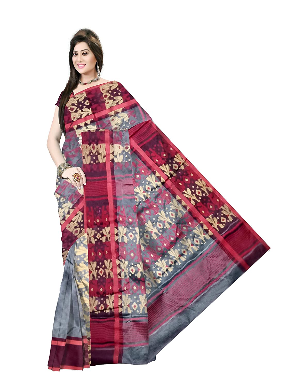 Pradip Fabrics Ethnic Women's Tant jamdani Ash Color Saree