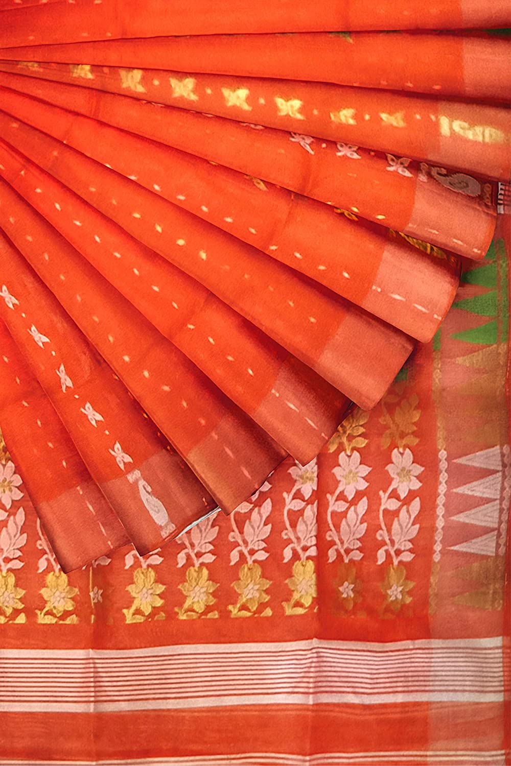 Pradip Fabrics Ethnic Women's Tant Jamdani Dark Orange Color Saree