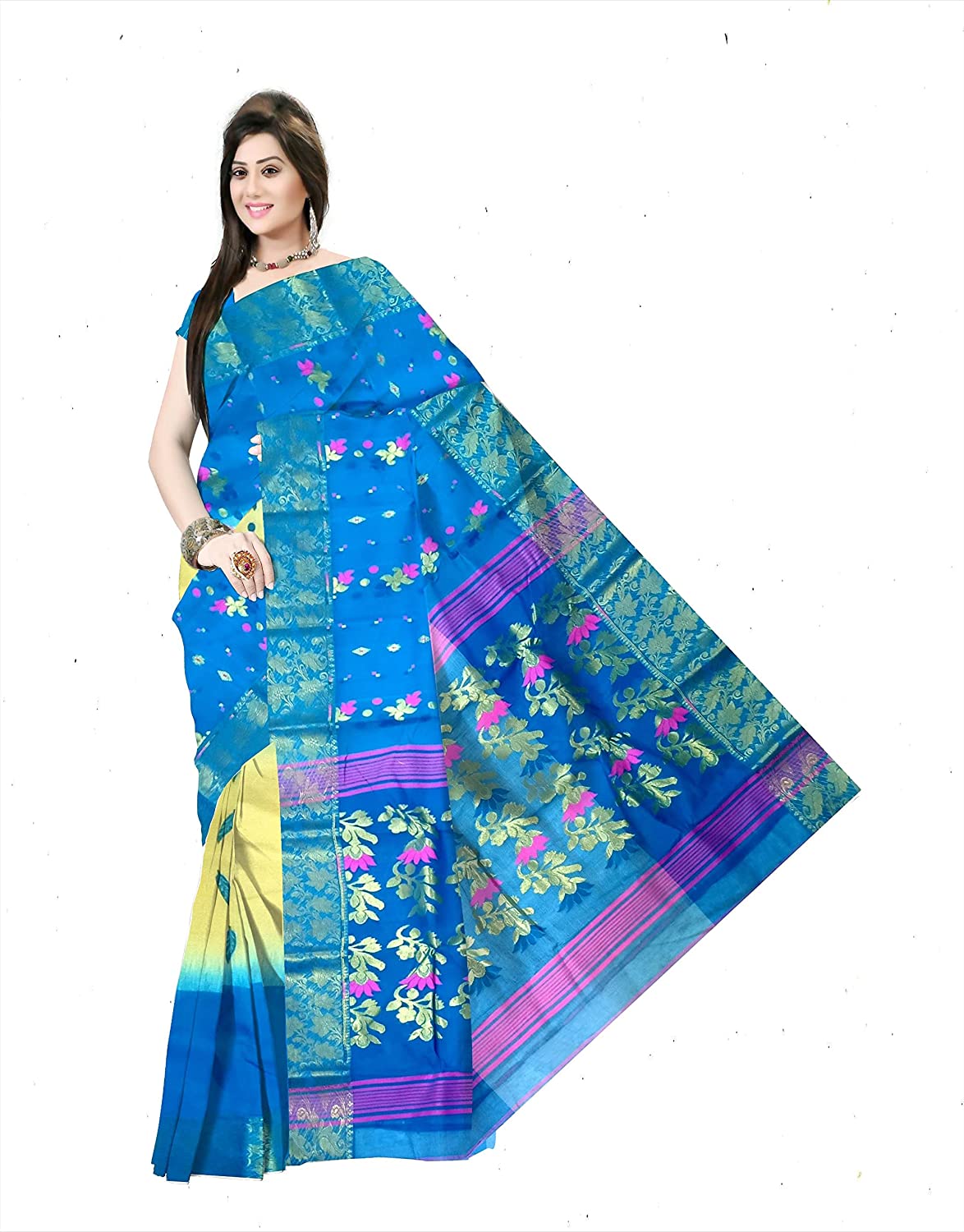 Pradip Fabrics Woven Tant Silk Sky Blue & Soft Yellow Color Saree