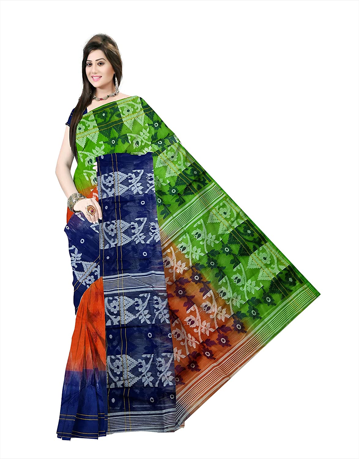 Pradip Fabrics Ethnic Women's Cotton Tant Gap Jamdani Green,Orange,and Blue Color Sareeen,Orange,an