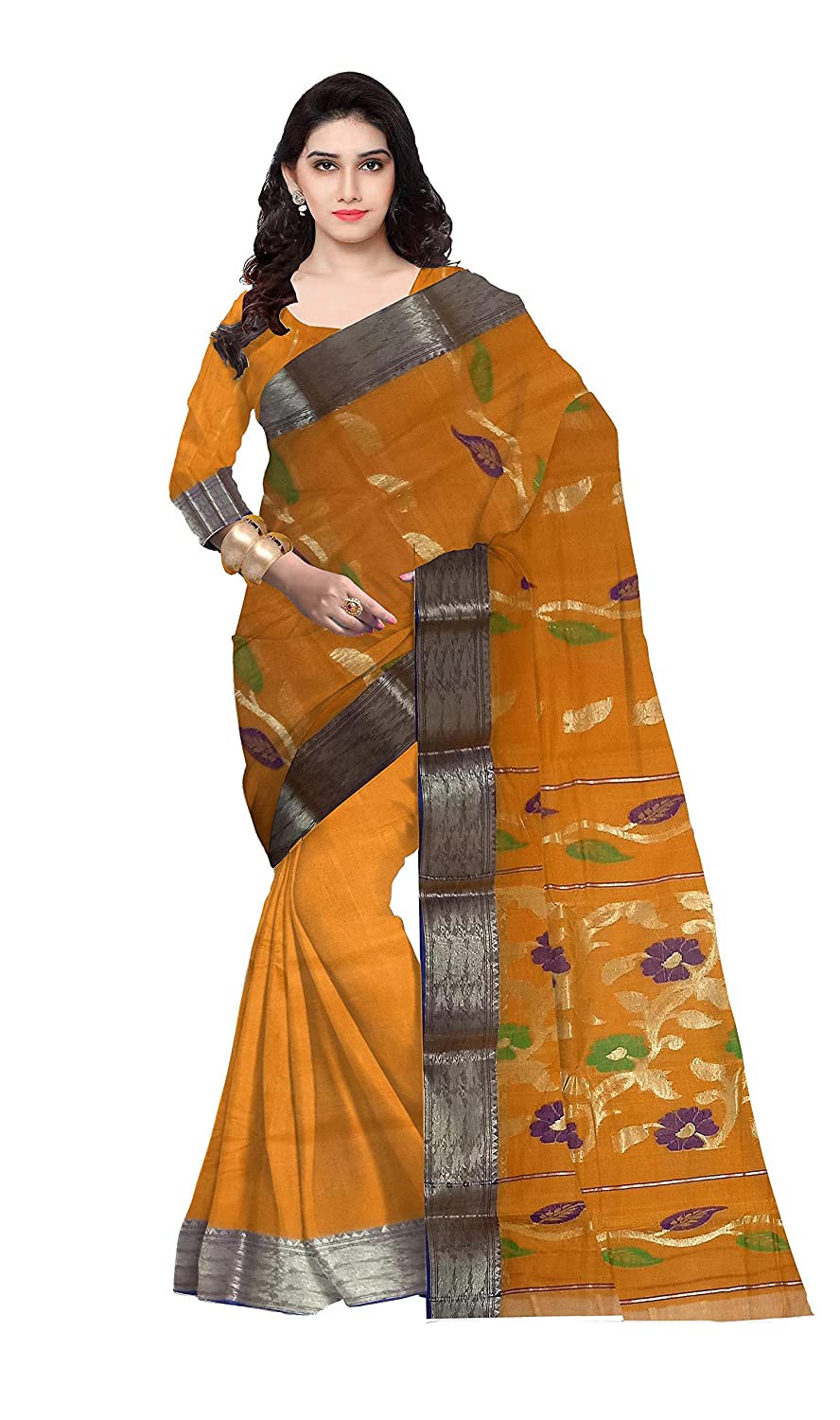 Pradip Fabrics Ethnic Women's Tant Cotton Yellow color Saree