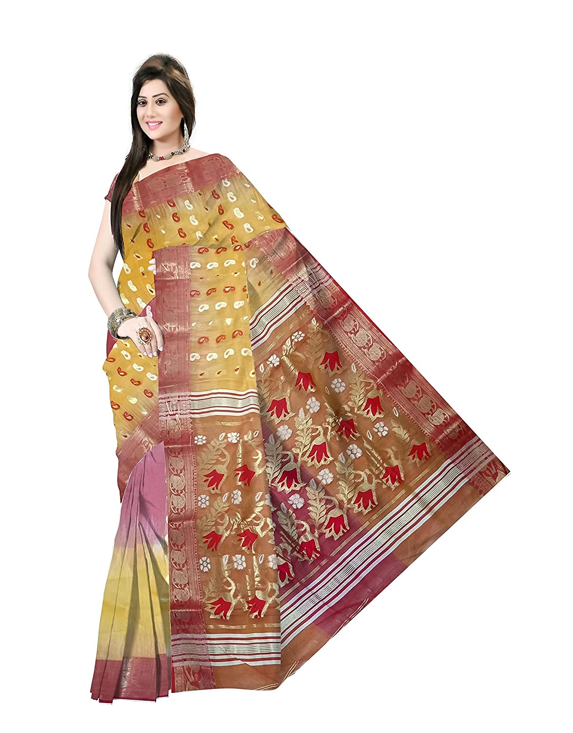 Pradip Fabrics Woven Tant Silk Yellow and Purple color Blend Saree