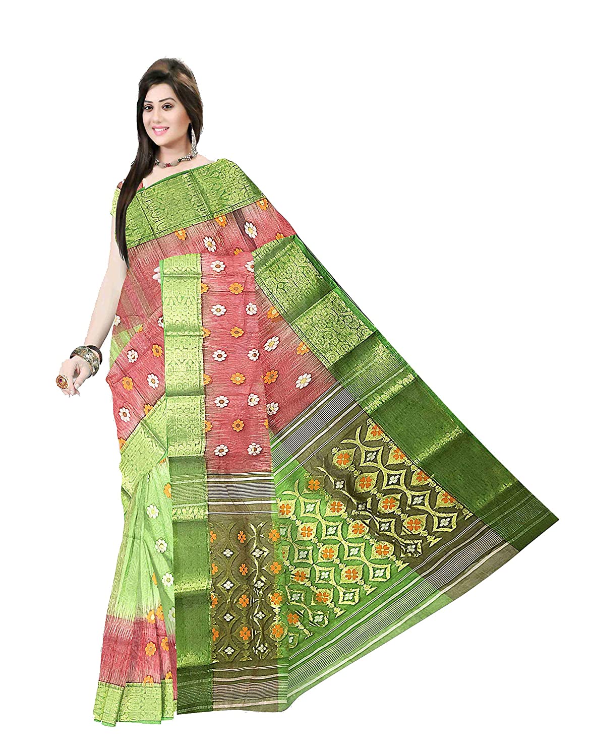 Pradip Fabrics Ethnic Women's Tant Silk Soft Green and Red Color Saree