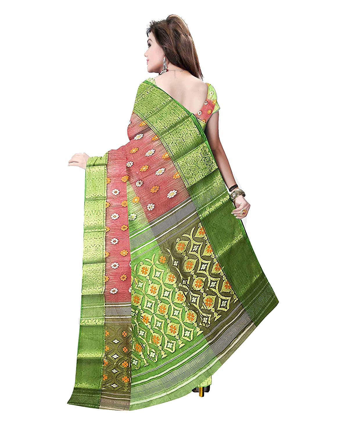 Pradip Fabrics Ethnic Women's Tant Silk Soft Green and Red Color Saree