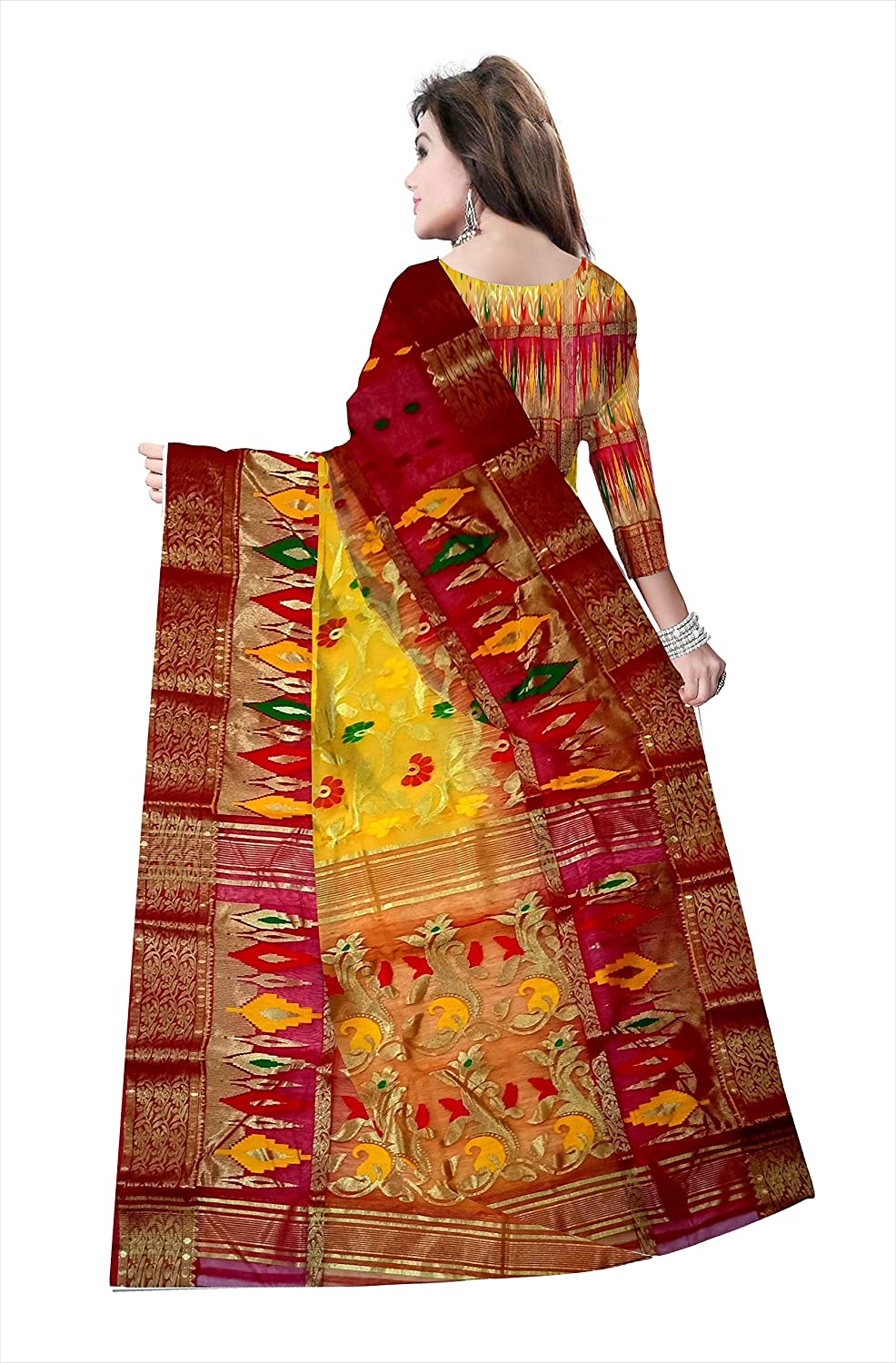 Pradip Fabrics Ethnic Women's Tant Silk Benarasi Red and Yellow Color Saree