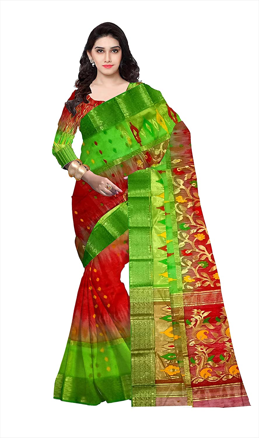 Pradip Fabrics Ethnic Women's Tant Silk Benarasi Red and Green Color Saree