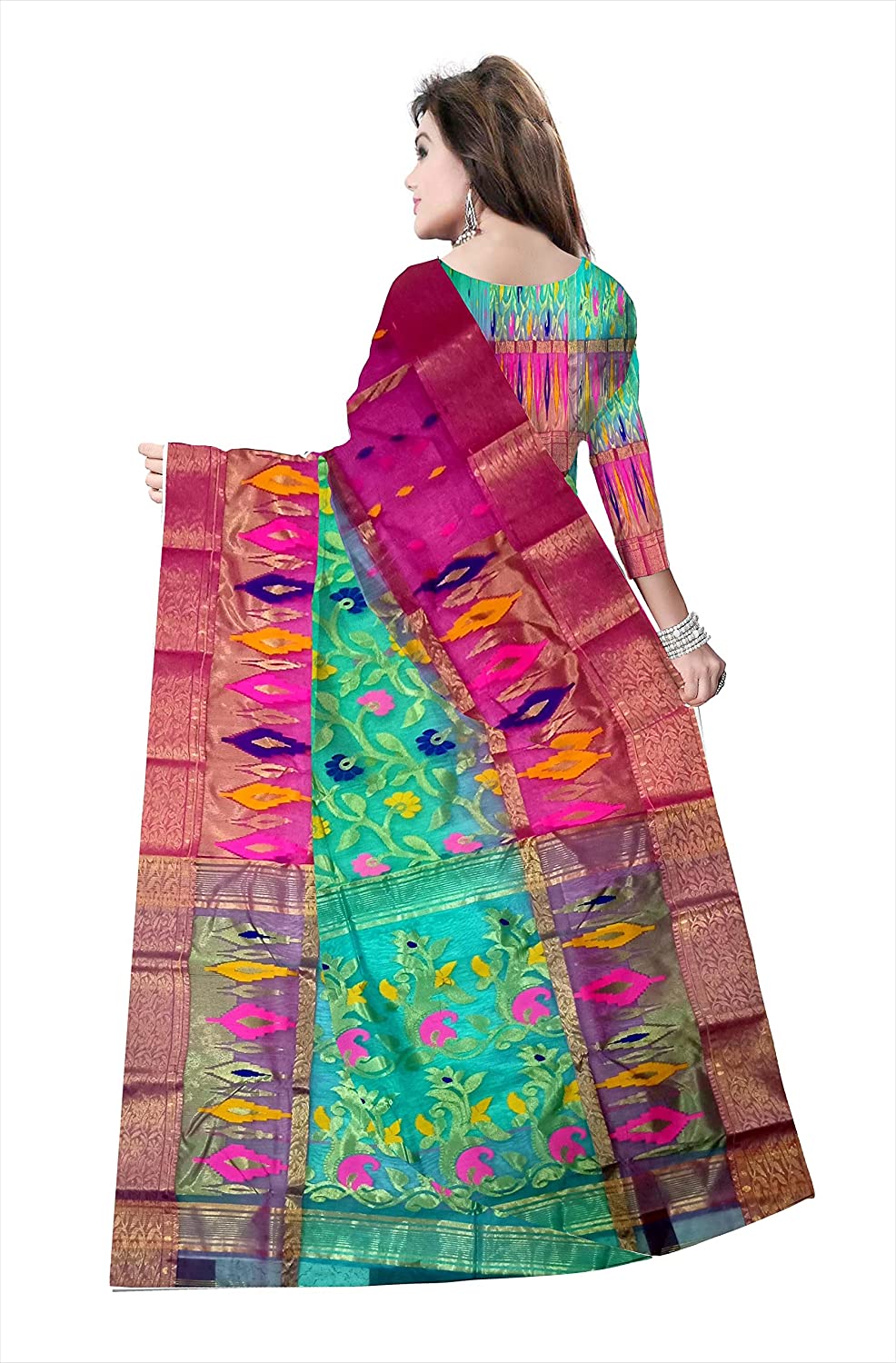 Pradip Fabrics Ethnic Women's Tant Silk Benarasi Pink and Sea Green Color Saree