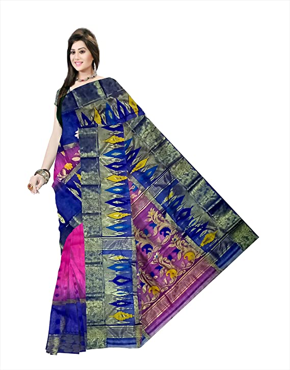 Pradip Fabrics Ethnic Women's Tant Silk Benarasi Blue and Pink Color Saree