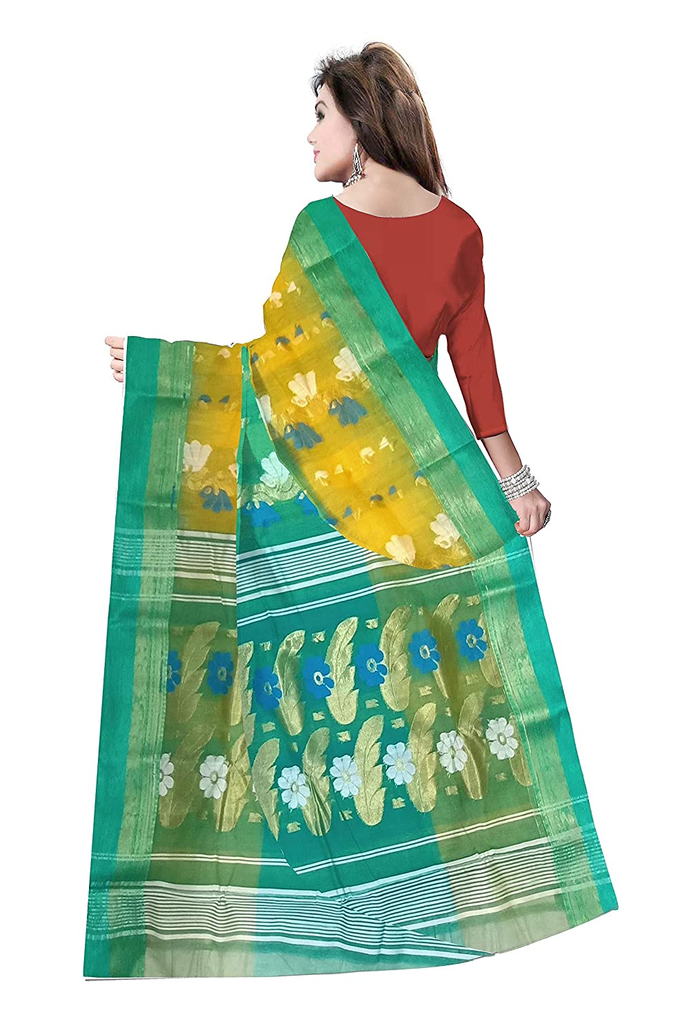 Pradip Fabrics Ethnic Women's Tant Silk Light Green and Yellow Color Saree
