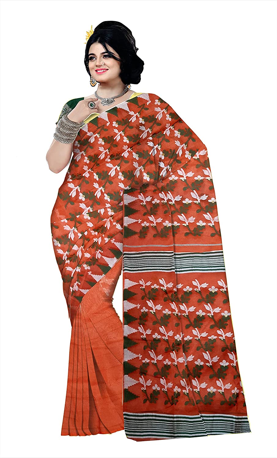 Pradip Fabrics Ethnic Women's Orange Color jamdani Saree