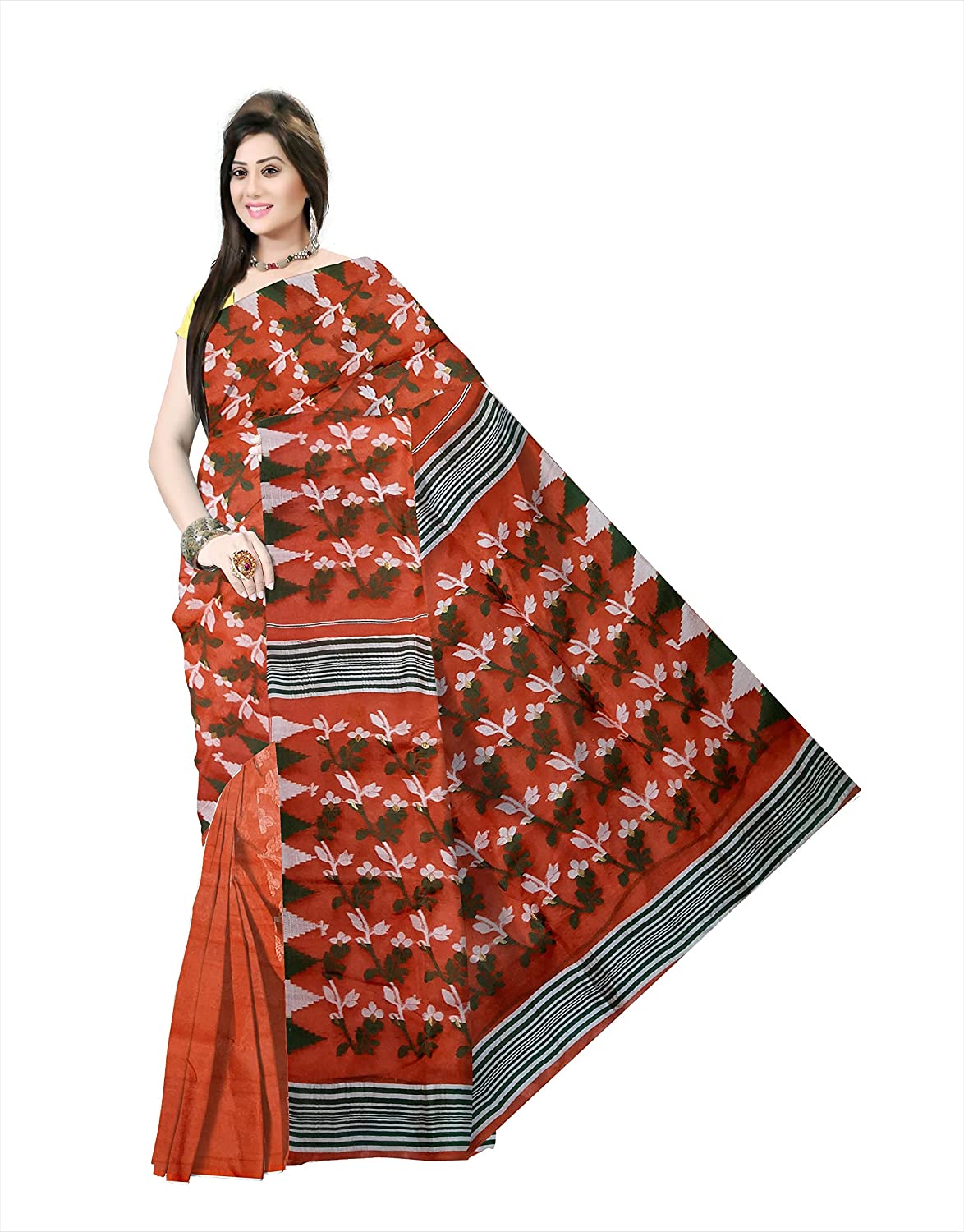 Pradip Fabrics Ethnic Women's Orange Color jamdani Saree