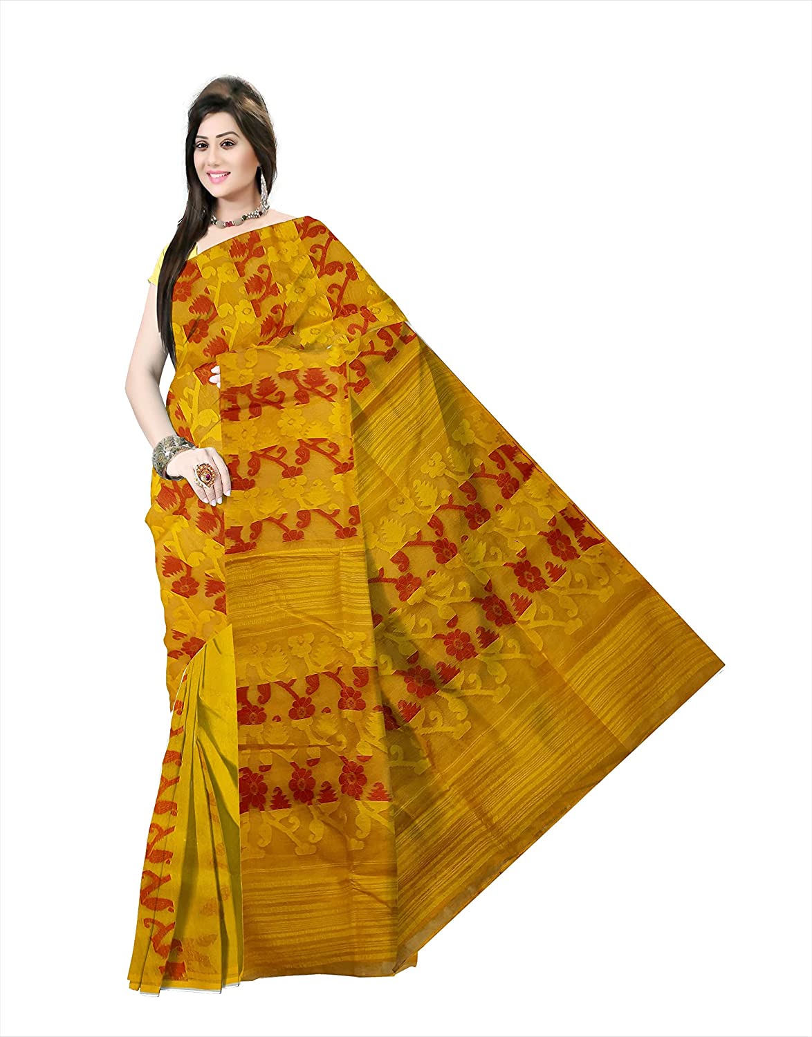 Pradip Fabrics Ethnic Women's Tant jmdani Yellow Color Saree