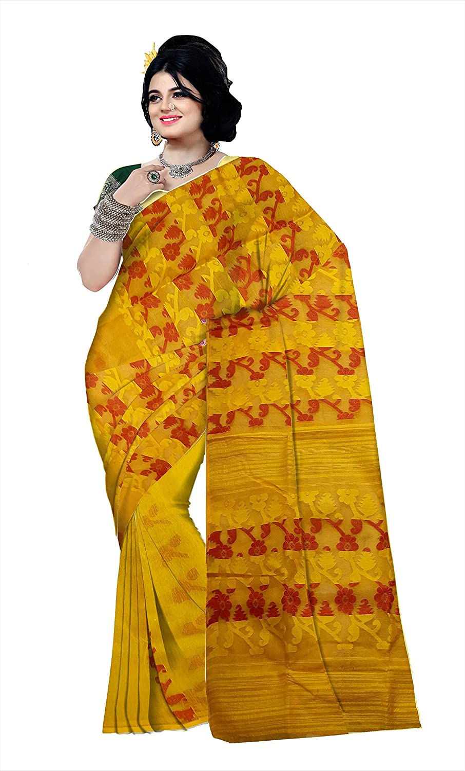 Pradip Fabrics Ethnic Women's Tant jmdani Yellow Color Saree