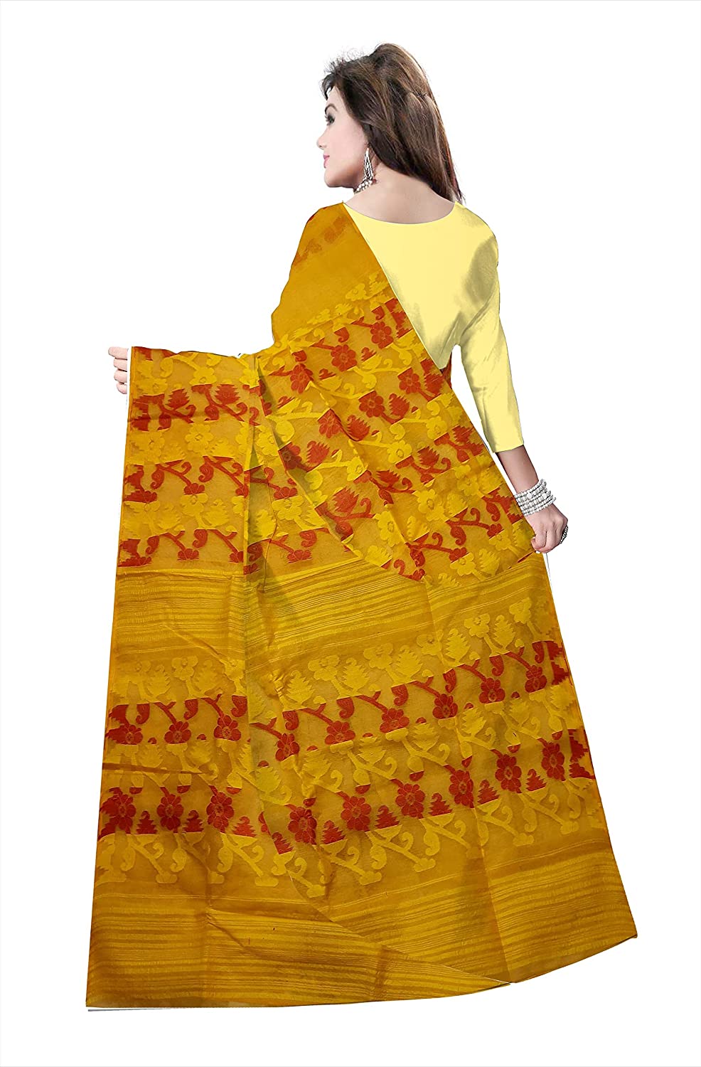 Pradip Fabrics Ethnic Women's Tant jmdani Yellow Color Saree