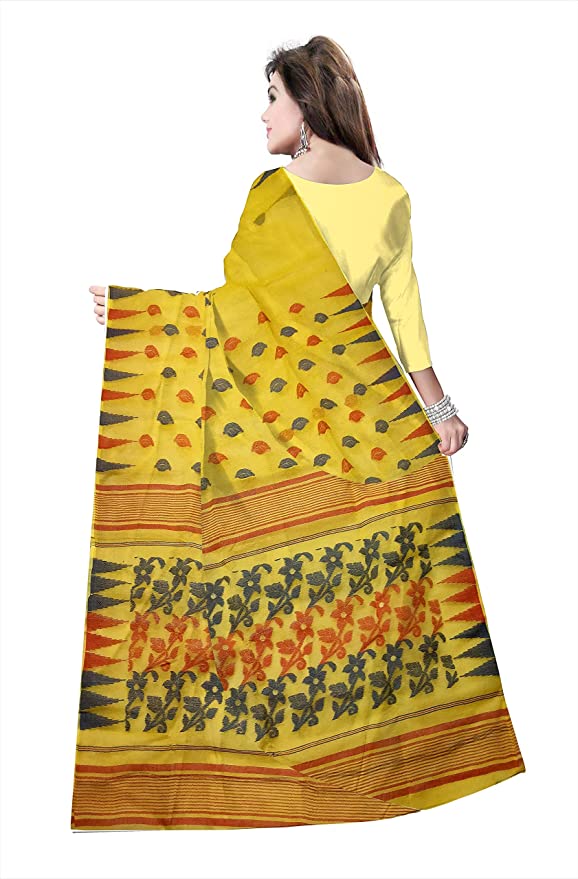 Pradip Fabrics Ethnic Women's Tant Jamdani Yellow Mina Border Color Saree