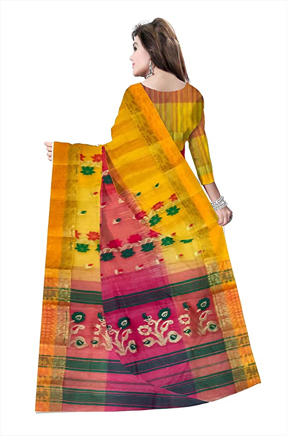 Pradip Fabrics Ethnic Women's Tant Silk Red and Yellow Color Saree
