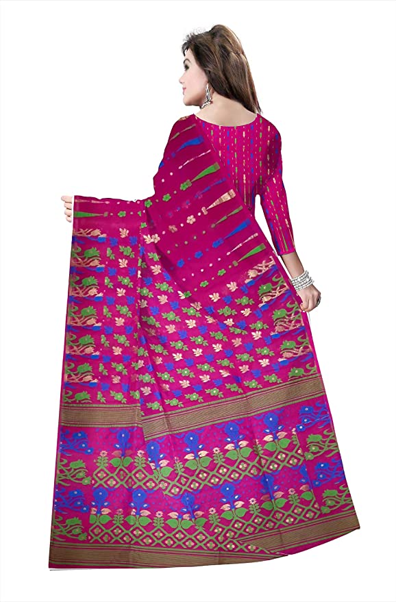 Pradip Fabrics Ethnic Women's All Over Dhakai Jamdani Tant Silk Dark Pink Color Saree