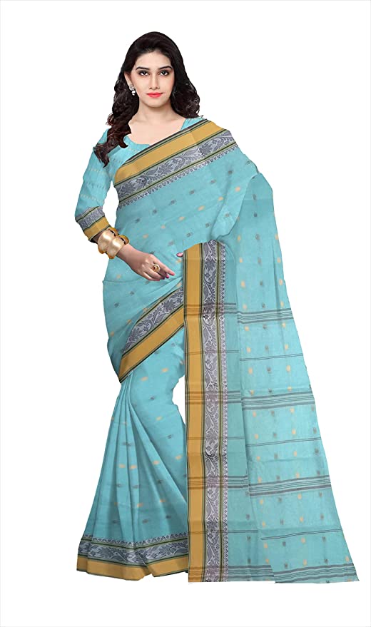 Pradip Fabrics Ethnic Women's Tant Cotton Sky Blue Color Saree