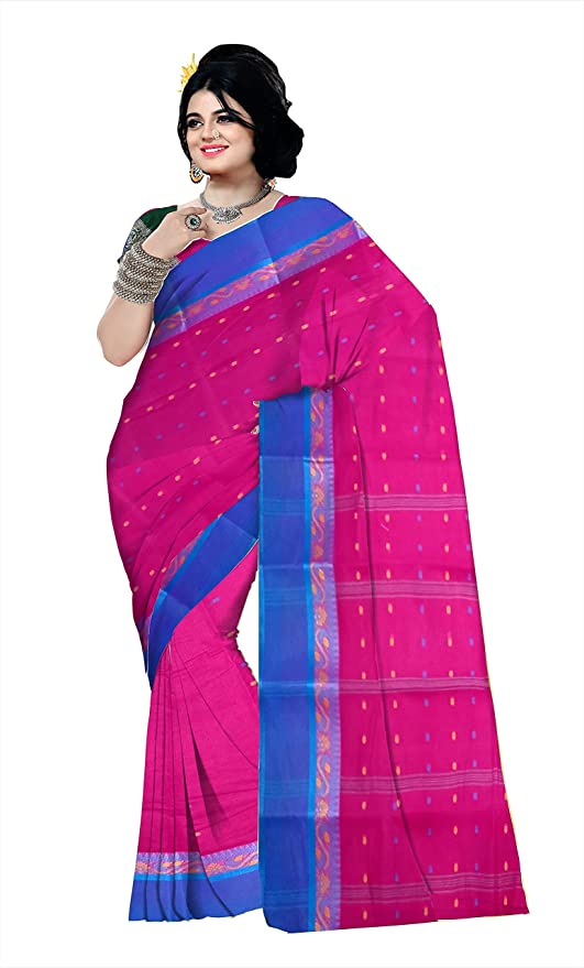 Pradip Fabrics Ethnic Women's Cotton Tant Dark Pink Body And Blue Border Saree
